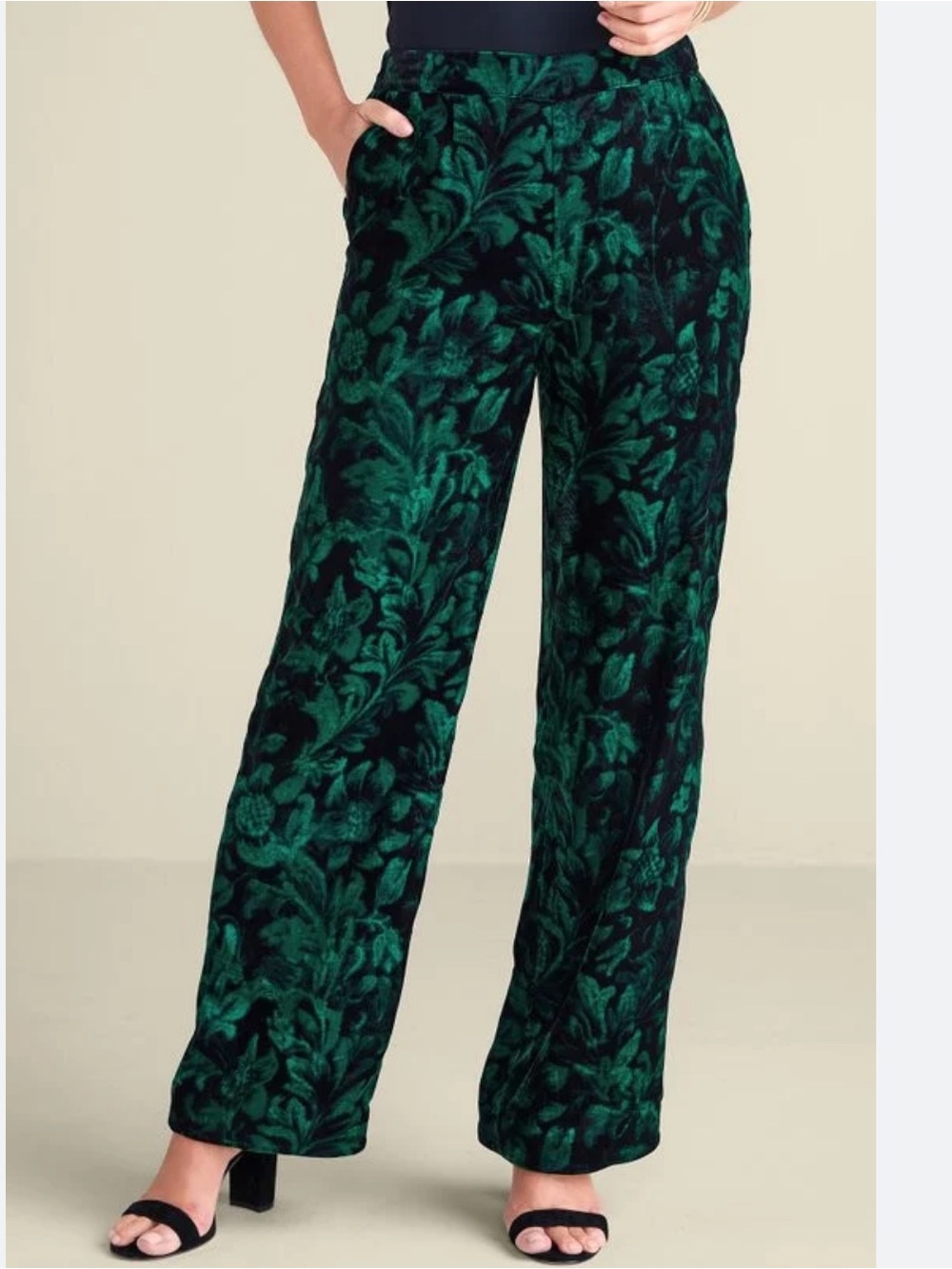 Soft Surroundings Aria Green Floral Print Velvet Wide Leg Pants Size 2X NWT